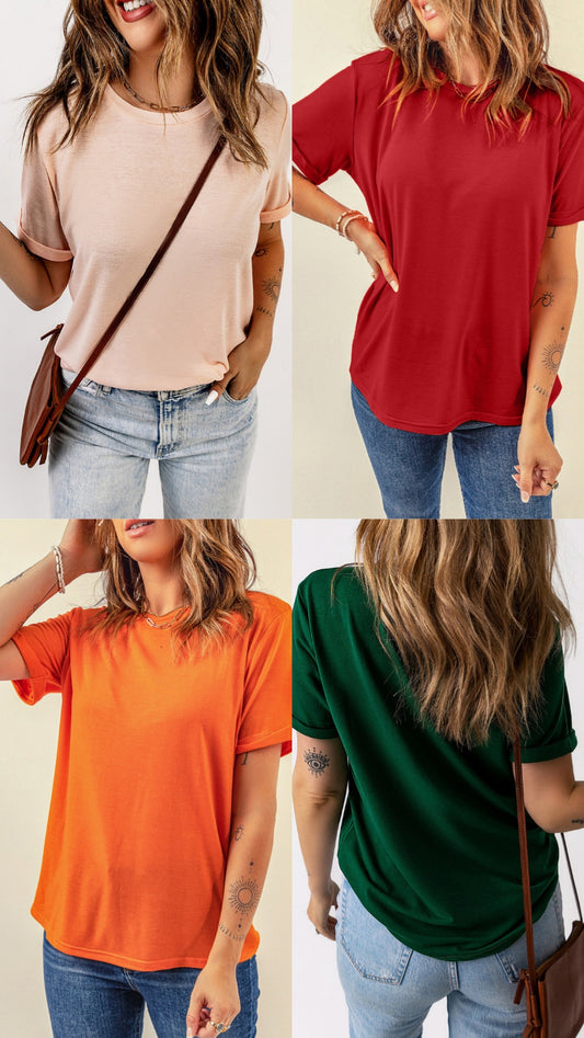 Round Neck Cuffed Short Sleeve Tee
