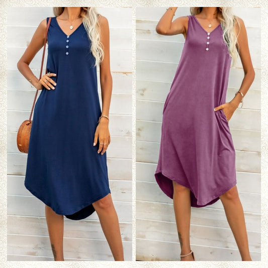 Buttoned V-Neck Curved Hem Sleeveless Dress