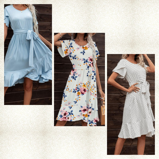 Tie Waist Petal Sleeve Ruffle Hem Dress