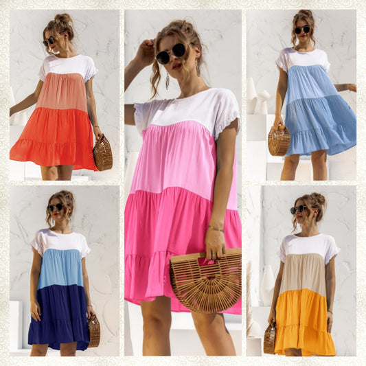 Color Block Round Neck Ruffle Hem Dress