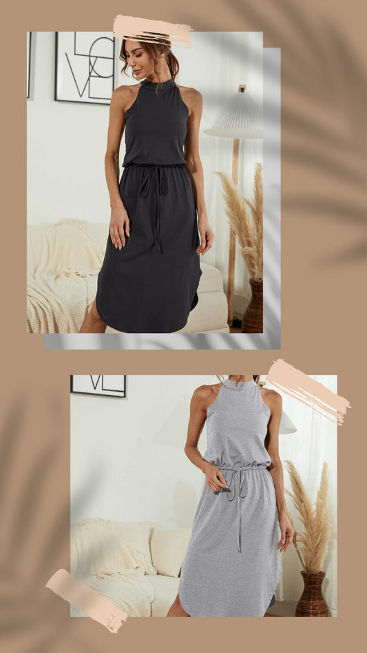 Drawstring Open Back Slit Sleeveless Dress